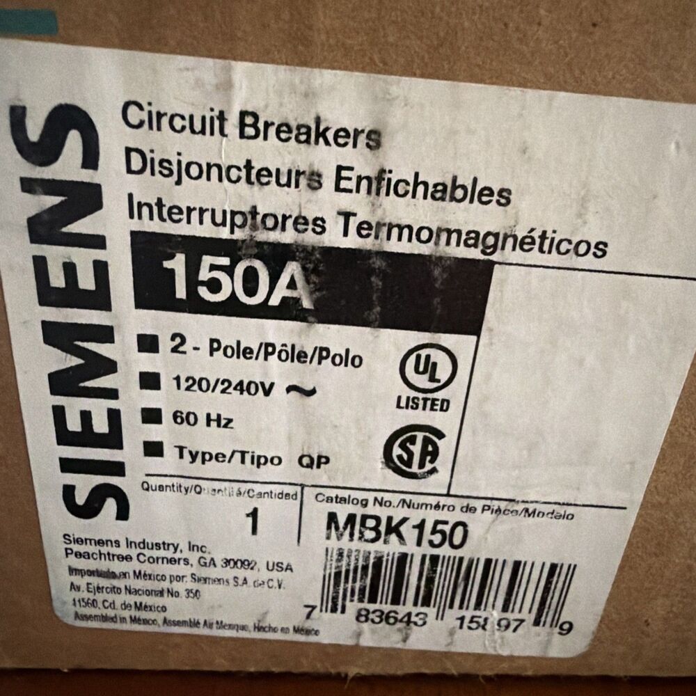 New Siemens MBK150 150A Main Circuit Breaker Kit 2-Pole 120/240V Type QP Panel